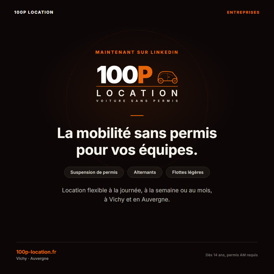 Visuel LinkedIn de lancement 100P Location, offre entreprises