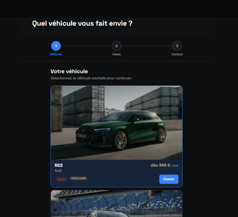Étape 1 du parcours de réservation BeLoc : choix du véhicule, Audi RS3 sélectionnée