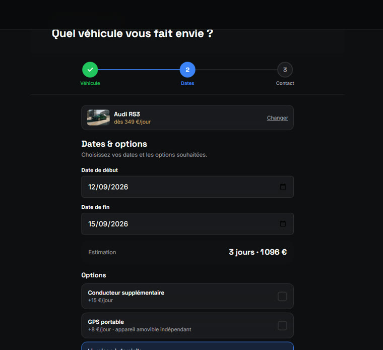 Étape 2 du parcours de réservation BeLoc : dates et options, prix estimé calculé automatiquement