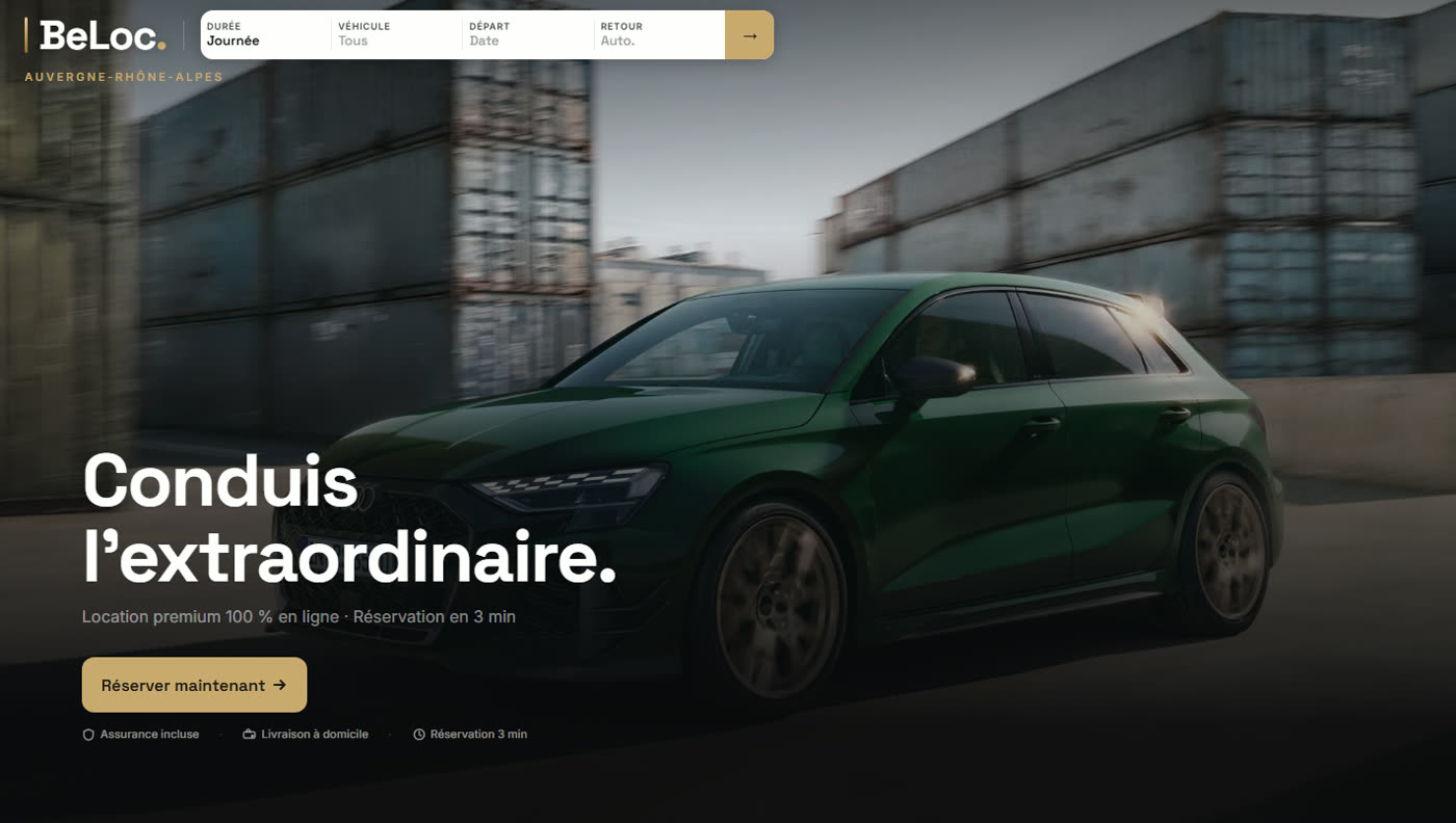 Page d'accueil du site BeLoc, avec moteur de réservation intégré au header